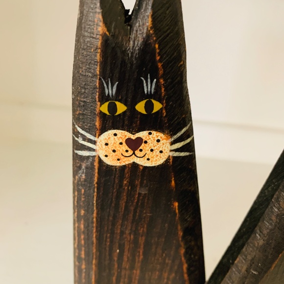 Vintage Wood Primitive 3 Folk Art Black Cats Figurine Pumpkins Halloween Fall - Picture 2 of 11